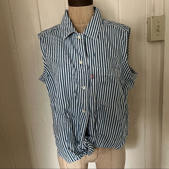 NEW LEVIS sz XL RUMI Sleeveless Striped Button Down Shirt Tied Front - Picture 1 of 8